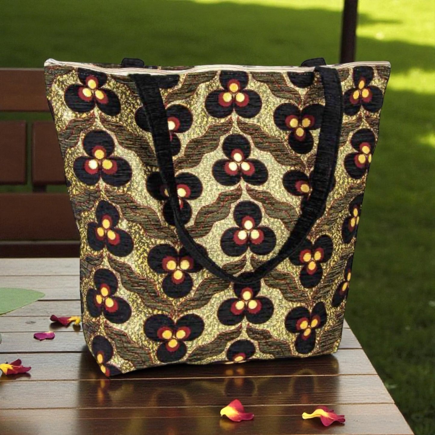 Authentique Kilim Fabric Ottoman Tulips Design Purse avec poignées, tapis turc, sac de plage, fourre-tout, sac à provisions réutilisable - Turquoise/Or