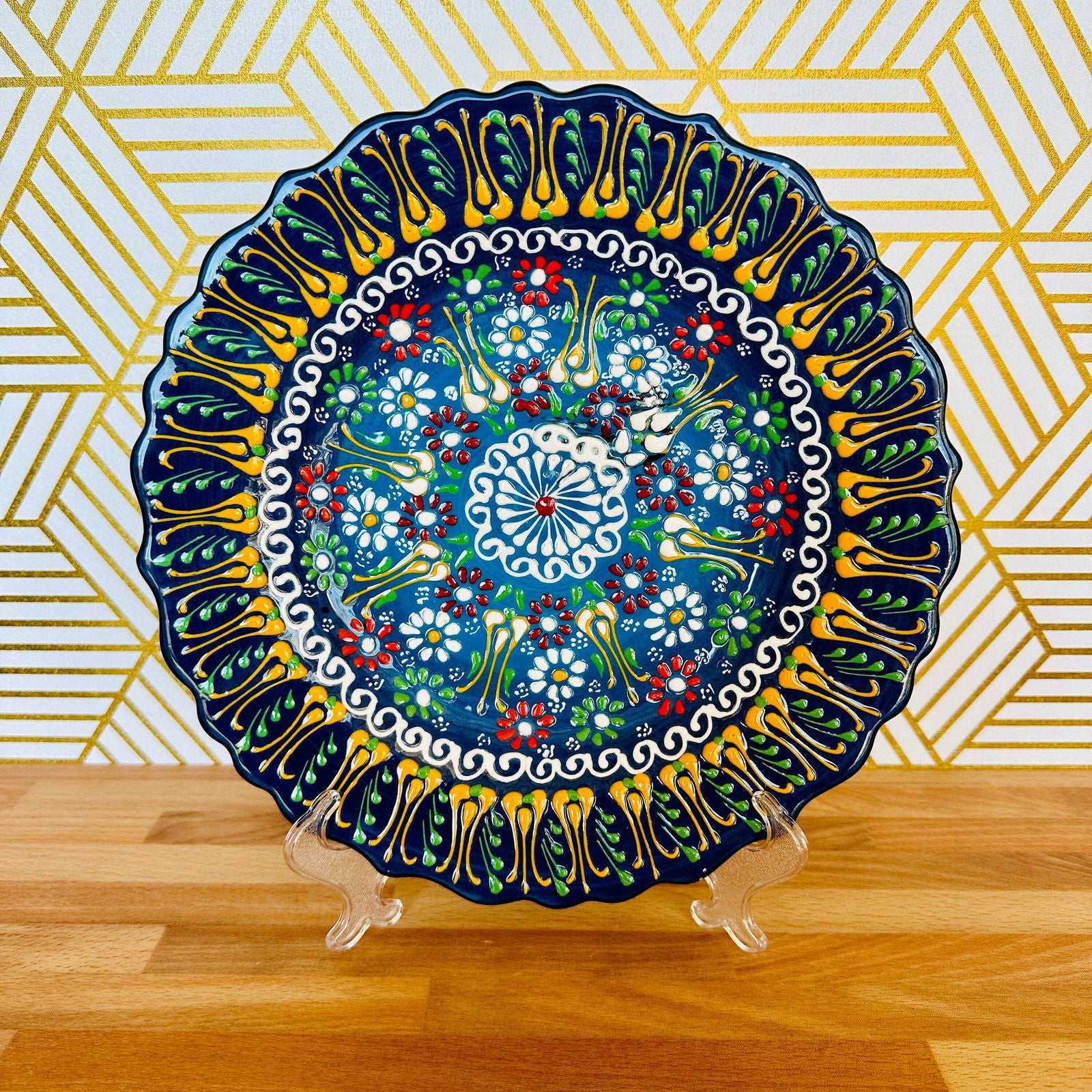 10” Turkish Ceramic Handmade & Painted Plate - Blue, Green, Yellow Dot Art Floral Tulip Patterned - Wall Hanging or Stand Use - Guzel Handcrafts - #tag1# - #tag2# - #tag3# - #tag4#