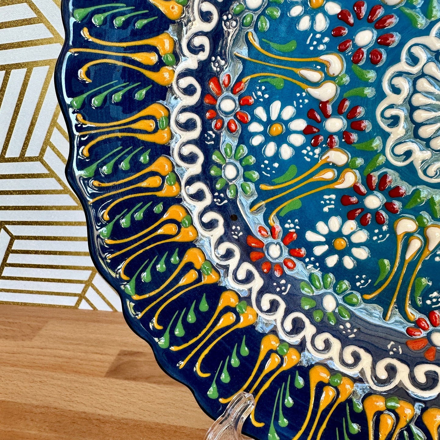 10” Turkish Ceramic Handmade & Painted Plate - Blue, Green, Yellow Dot Art Floral Tulip Patterned - Wall Hanging or Stand Use - Guzel Handcrafts - #tag1# - #tag2# - #tag3# - #tag4#