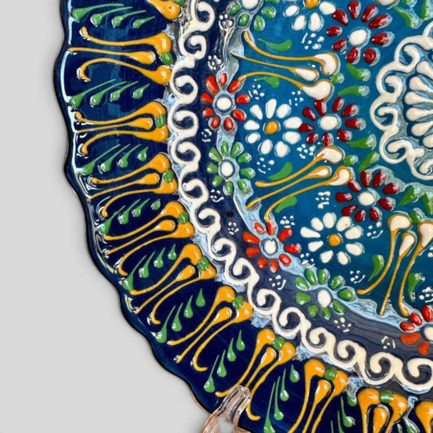Ceramic plate rim close-up with blue, green, yellow accents and floral dot details