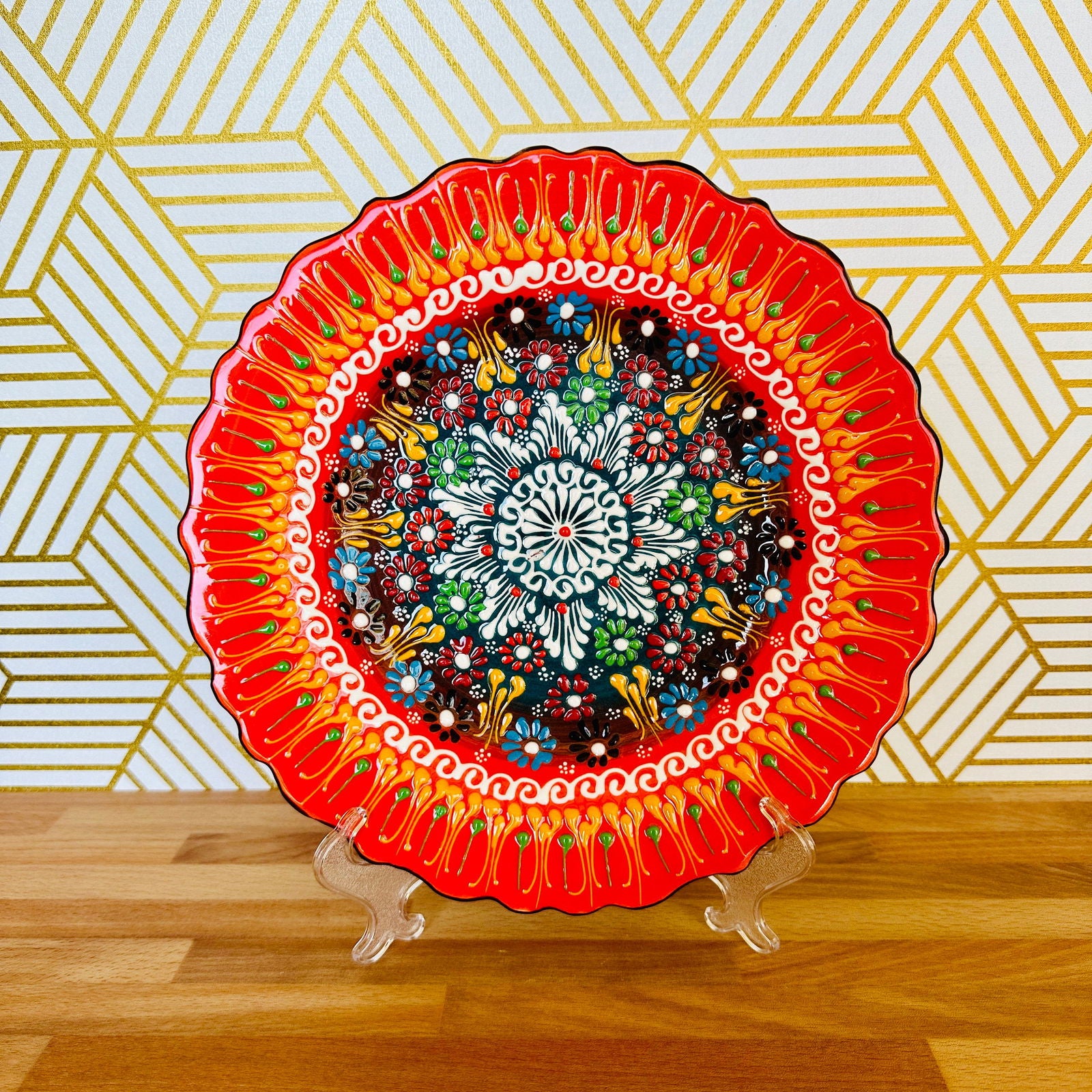 10” Turkish Ceramic Handmade & Painted Plate - Bright Orange Fire Dot Art Floral Tulip Patterned - Wall Hanging or Stand Use - Guzel Handcrafts - #tag1# - #tag2# - #tag3# - #tag4#