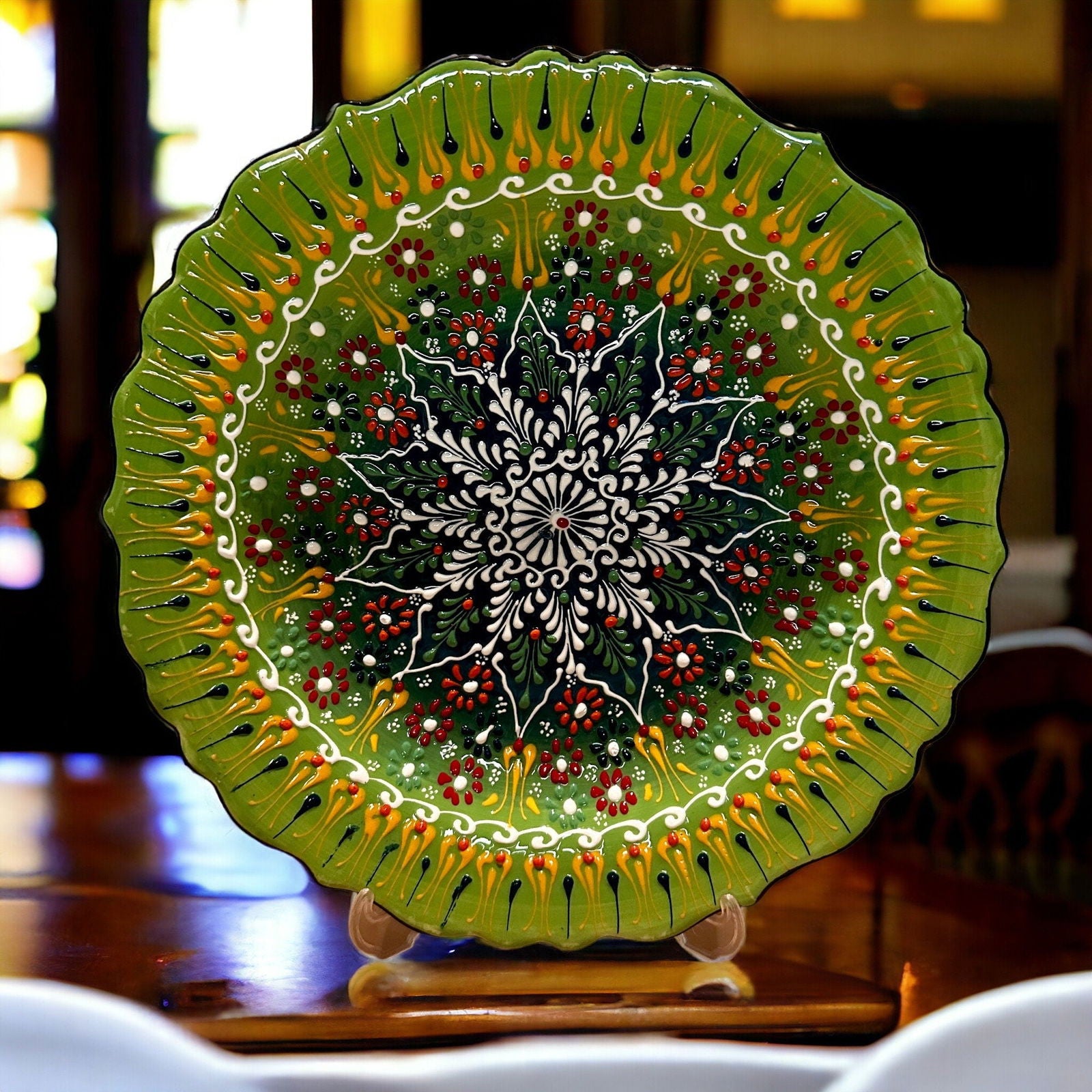 12” Turkish Ceramic Handmade & Painted Plate - Bright Green Dot Art Floral Tulip Patterned - Wall Hanging or Stand Use - Guzel Handcrafts - #tag1# - #tag2# - #tag3# - #tag4#