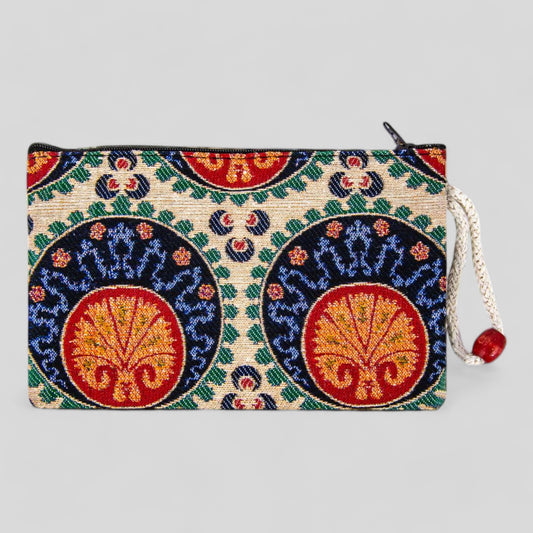 Authentique Kilim Tissu Coloré Moderne Ottoman Tile Design Zipper Clutch Purse, Tapis turc, Pochette, Porte-monnaie, Portefeuille, Petit Rangement