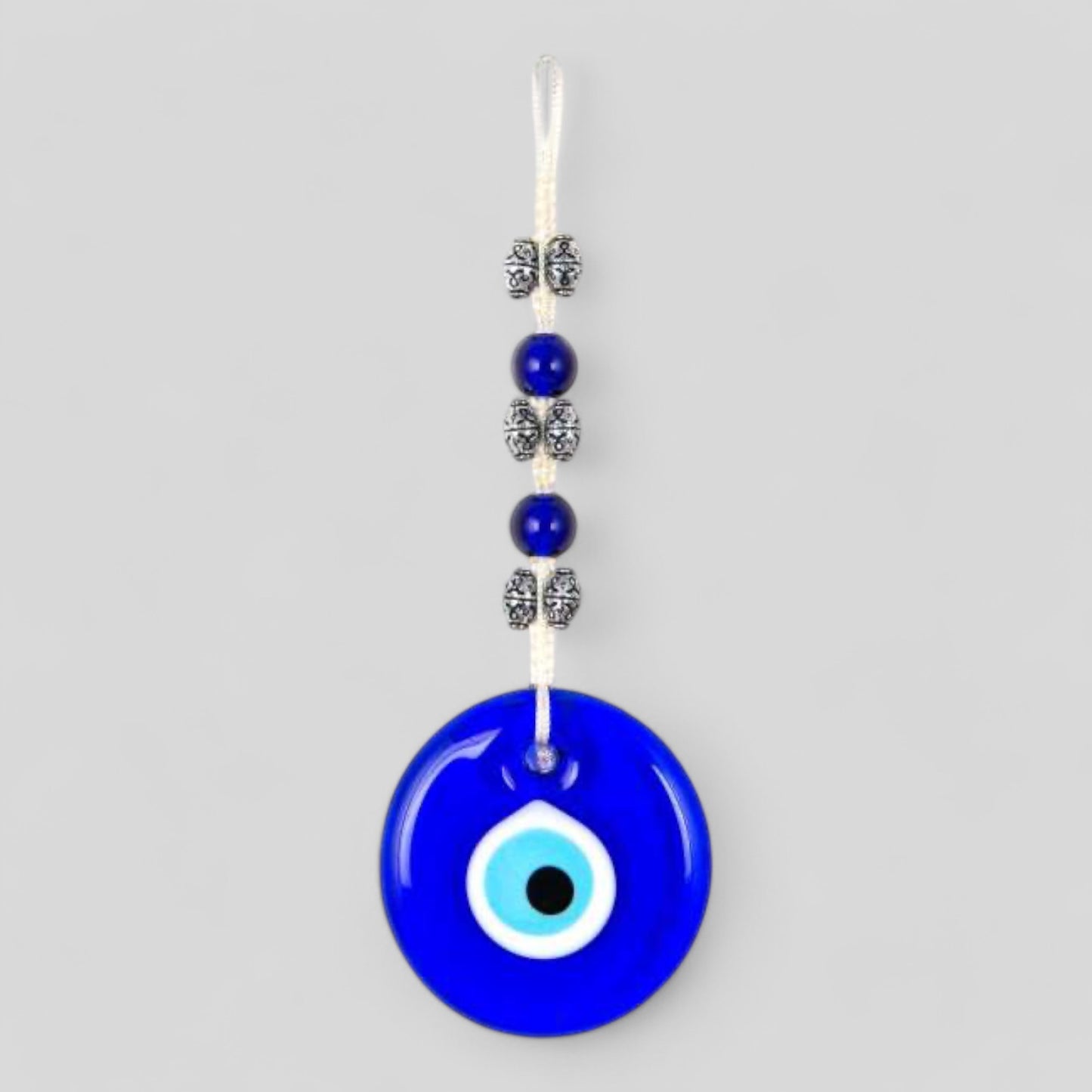Tenture murale Evil Eye Nazar Boncuk Mal De Ojo, décoration intérieure de style Boho moderne -- Argent/Bleu/Blanc -- Expédition rapide !