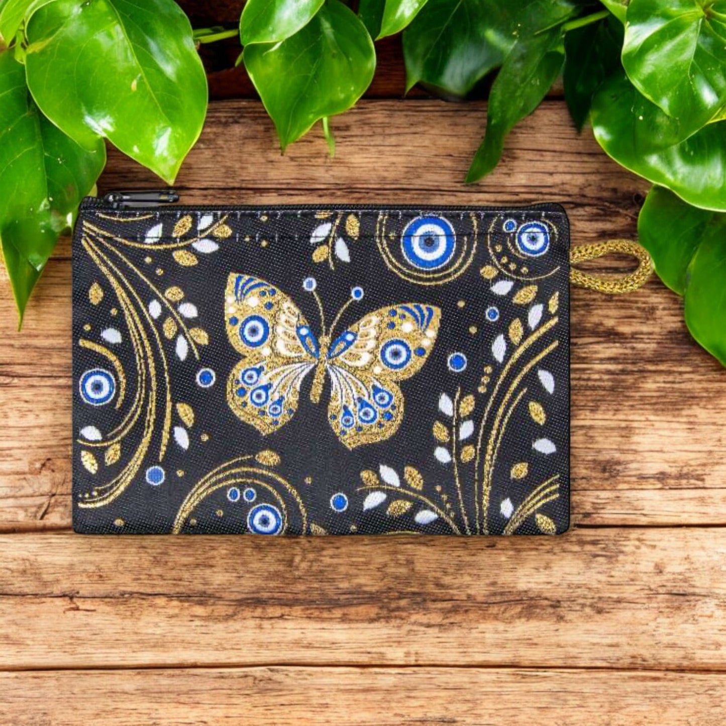 Portefeuille tissé à motifs Gold Evil Eye Design d’art moderne Sac à main d’embrayage à fermeture éclair, pochette, porte-monnaie, portefeuille, petit rangement Nazar Boncuk Mal de Ojo