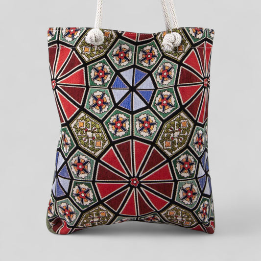 Authentique Kilim Fabric Ottoman Design Purse avec poignées, tapis turc, sac de plage, fourre-tout, sac à provisions réutilisable -- Noir/Or/Rouge