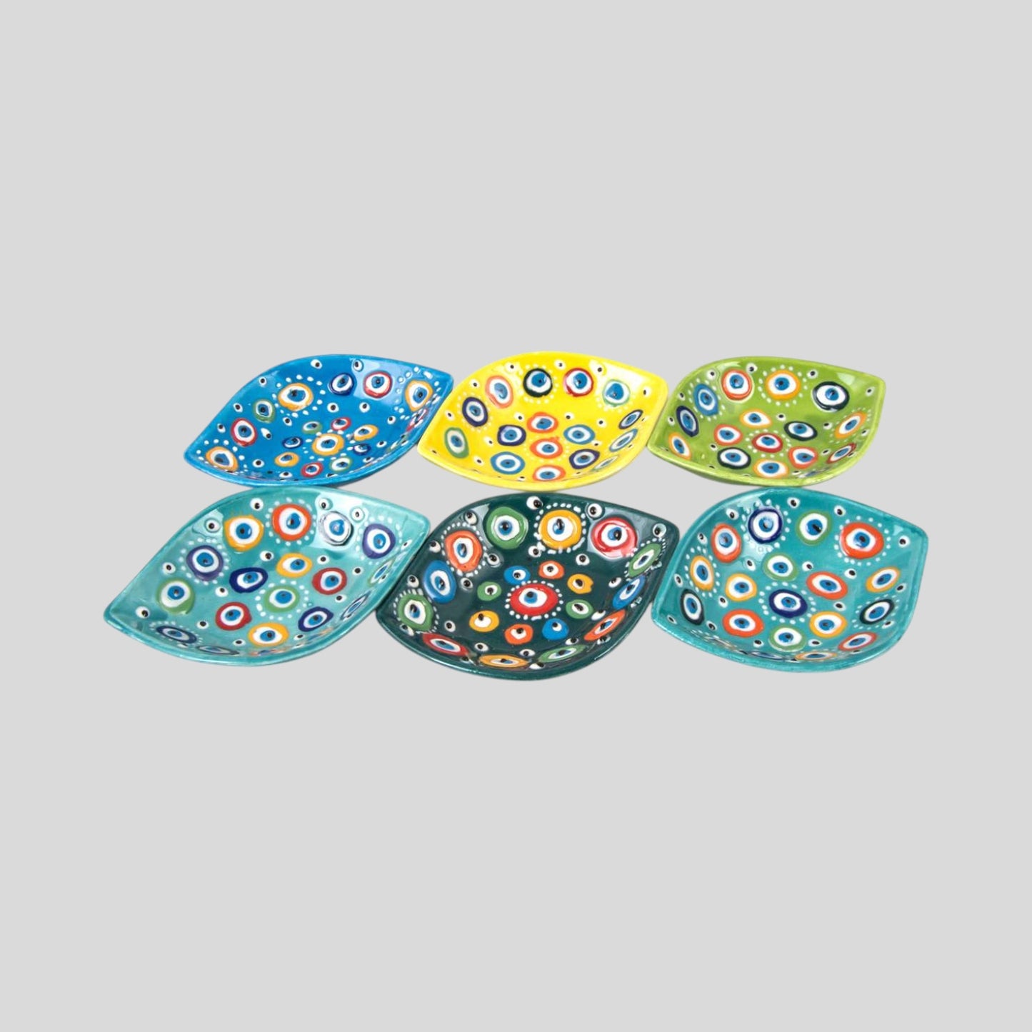 6 Pack Turkish Handmade Ceramic Bowls Authentic Decorative Pottery - Evil Eye Tear Drop / Leaf Shape Small