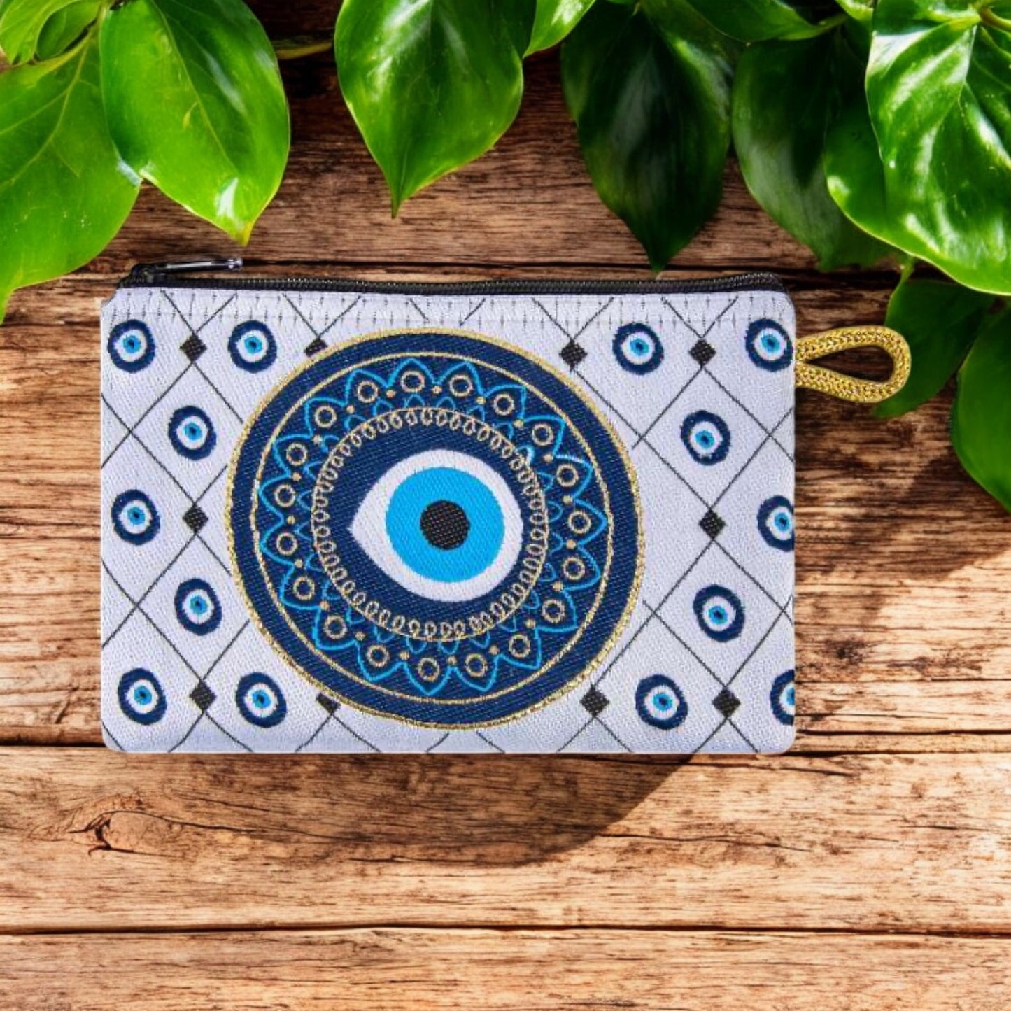 Portefeuille tissé à motifs Gold Evil Eye Design d’art moderne Sac à main d’embrayage à fermeture éclair, pochette, porte-monnaie, portefeuille, petit rangement Nazar Boncuk Mal de Ojo