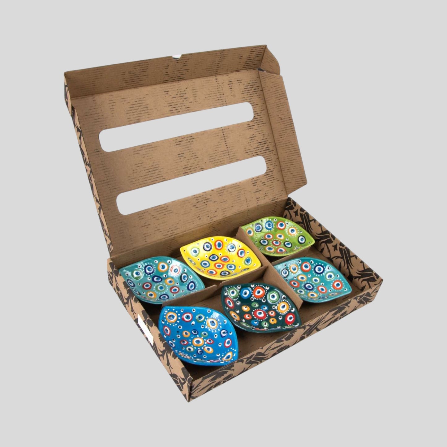 6 Pack Turkish Handmade Ceramic Bowls Authentic Decorative Pottery - Evil Eye Tear Drop / Leaf Shape Small