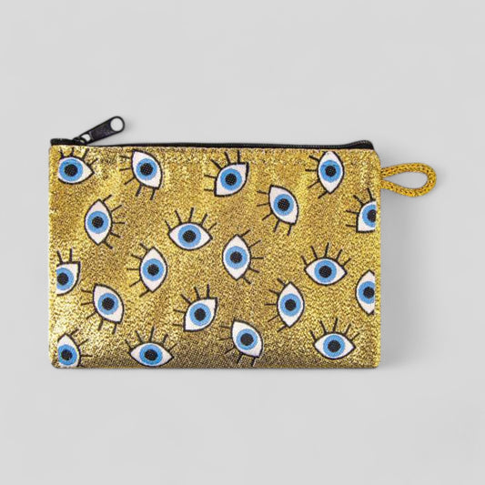 Portefeuille tissé à motifs Gold Evil Eye Design d’art moderne Sac à main d’embrayage à fermeture éclair, pochette, porte-monnaie, portefeuille, petit rangement Nazar Boncuk Mal de Ojo