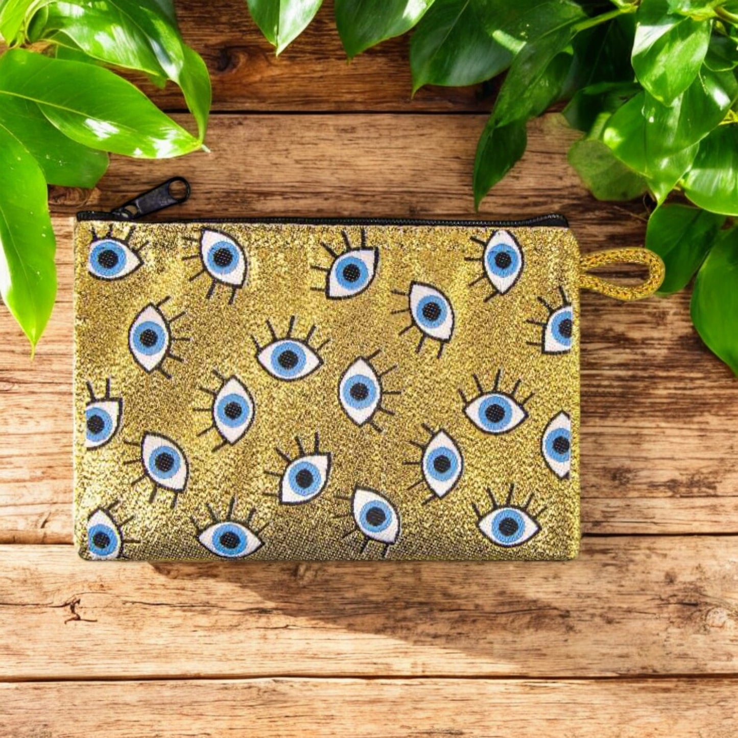 Portefeuille tissé à motifs Gold Evil Eye Design d’art moderne Sac à main d’embrayage à fermeture éclair, pochette, porte-monnaie, portefeuille, petit rangement Nazar Boncuk Mal de Ojo