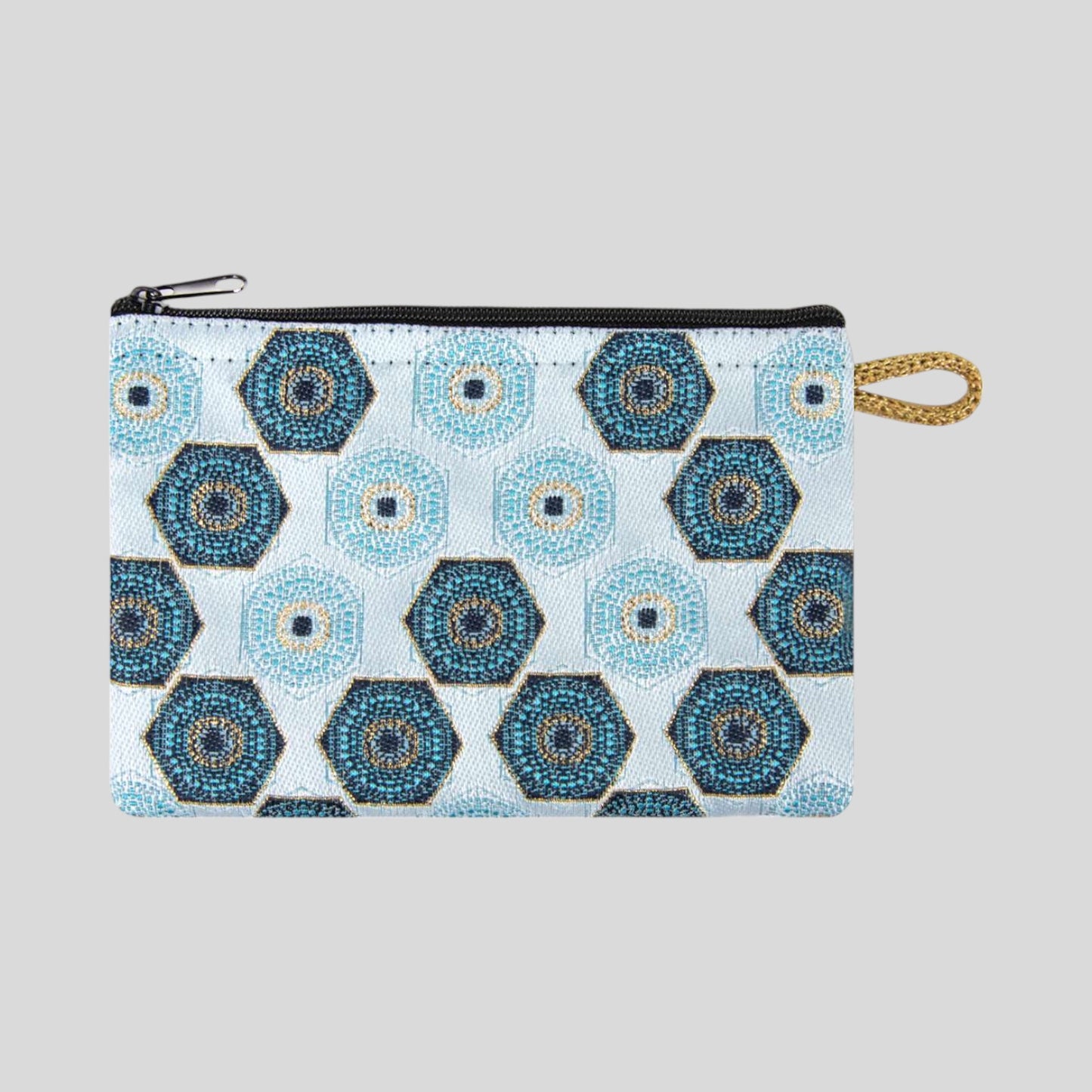 White Geometric Evil Eye with Golden Accents Design Woven Zipper Coin Purse