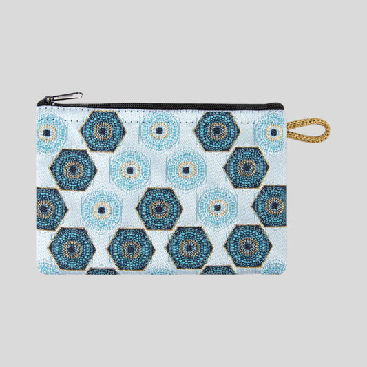 White Geometric Evil Eye with Golden Accents Design Woven Zipper Coin Purse