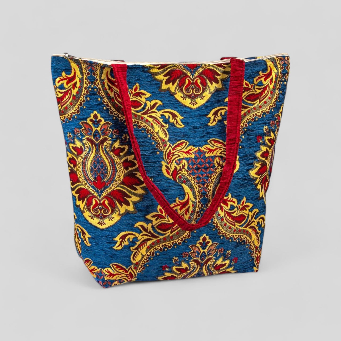 Authentique Kilim Fabric Ottoman Design Purse avec poignées, tapis turc, sac de plage, fourre-tout, sac à provisions réutilisable -- Bleu/Rouge/Jaune