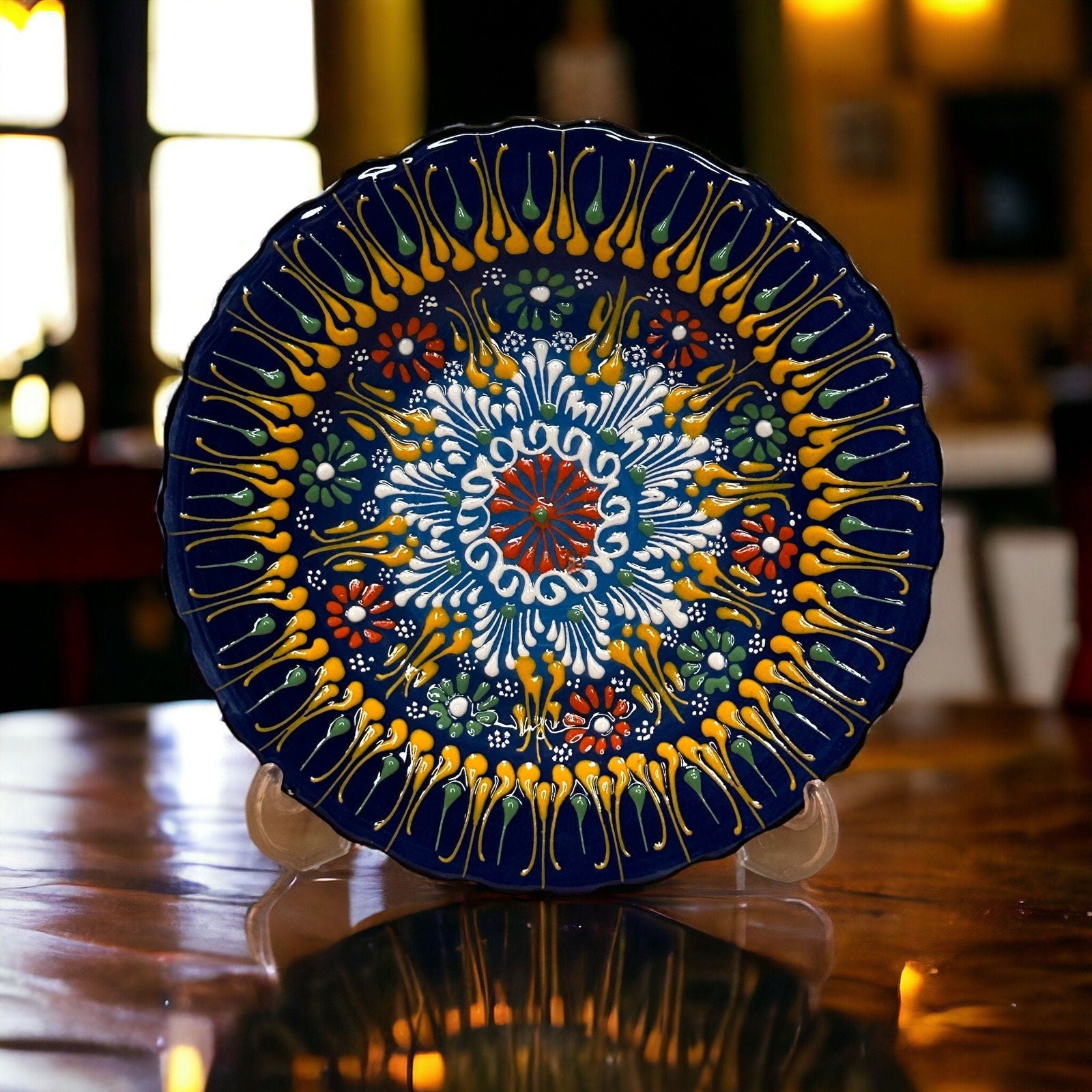 7” Turkish Ceramic Handmade & Painted Plate - Blue Dot Art Floral Tulip Patterned - Wall Hanging or Stand Use - Guzel Handcrafts - #tag1# - #tag2# - #tag3# - #tag4#
