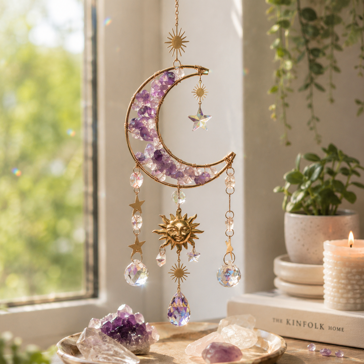 Gold Metal Amethyst Crescent Moon Celestial Crystal Suncatcher