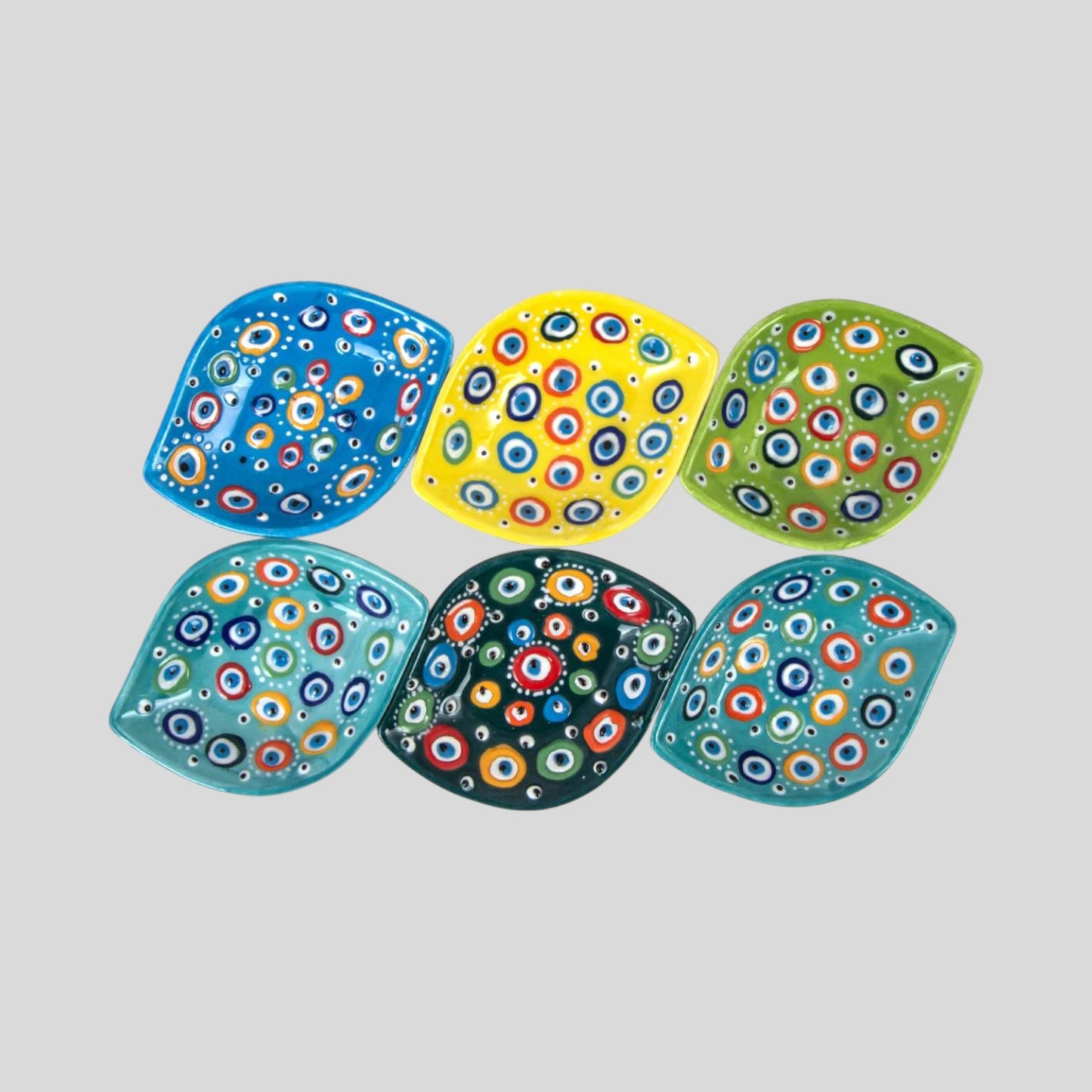 6 Pack Turkish Handmade Ceramic Bowls Authentic Decorative Pottery - Evil Eye Tear Drop / Leaf Shape Small