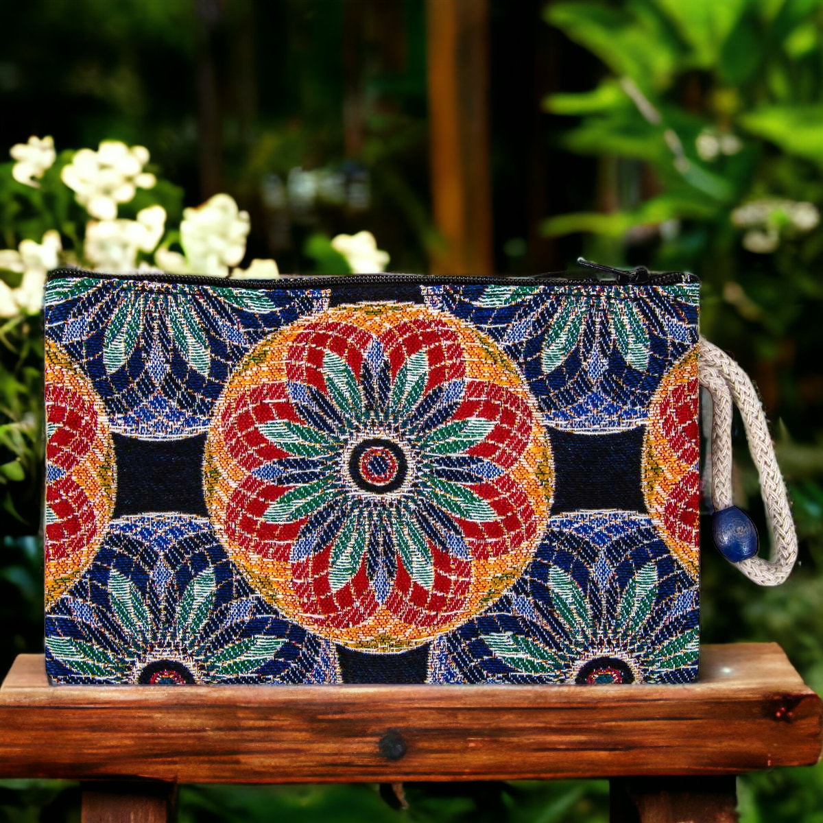 Floral mandala zipper clutch purse with dark blue, red, and green evil-eye design
