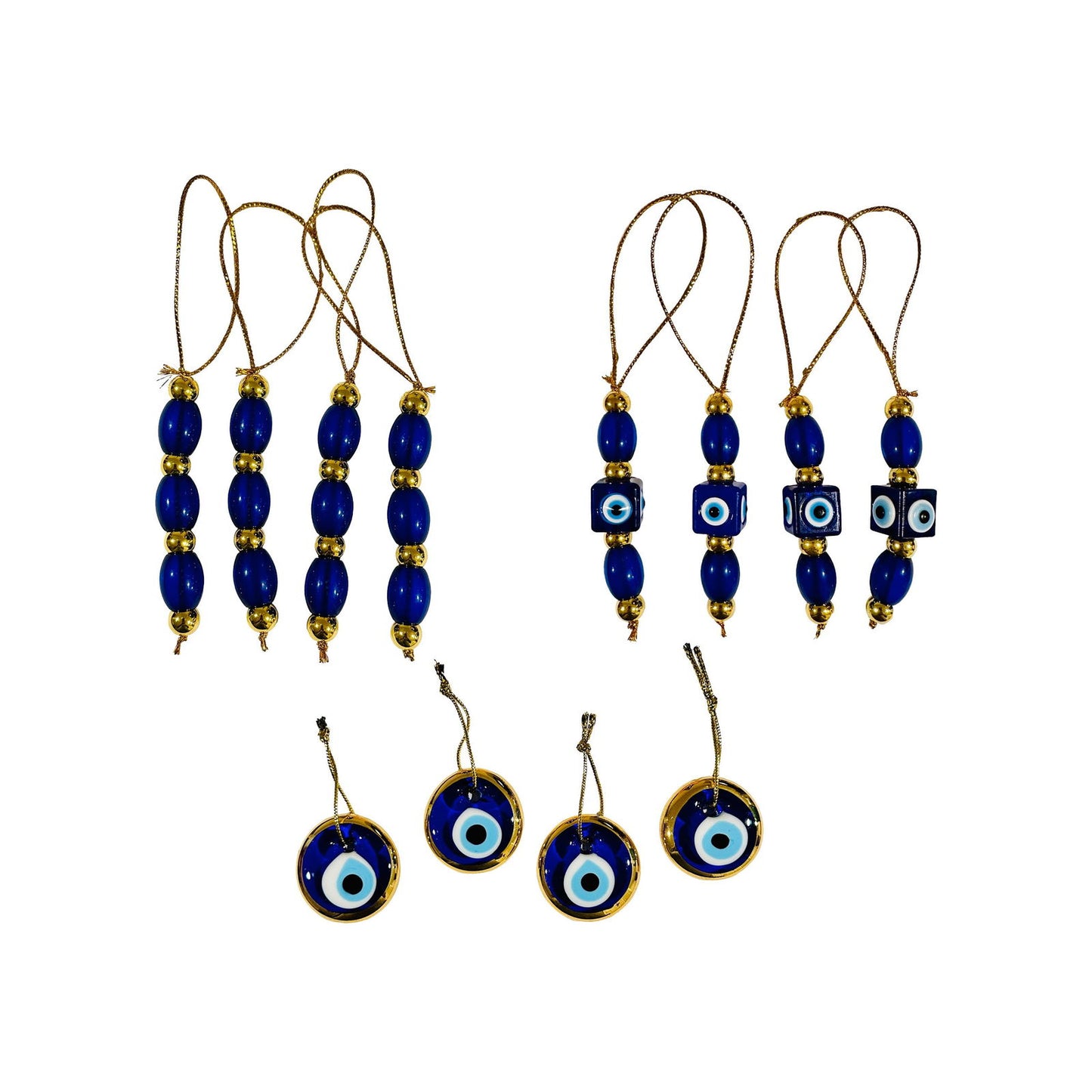 Large set of blue-and-gold evil eye ornaments with bead tassel hangers and eye discs