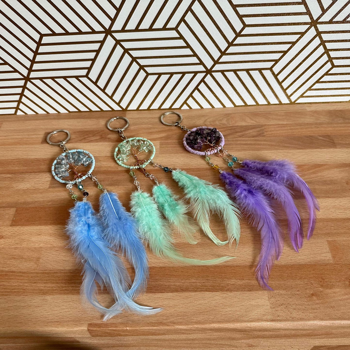 Tree of Life feather keychain set with natural stones, light blue light green purple