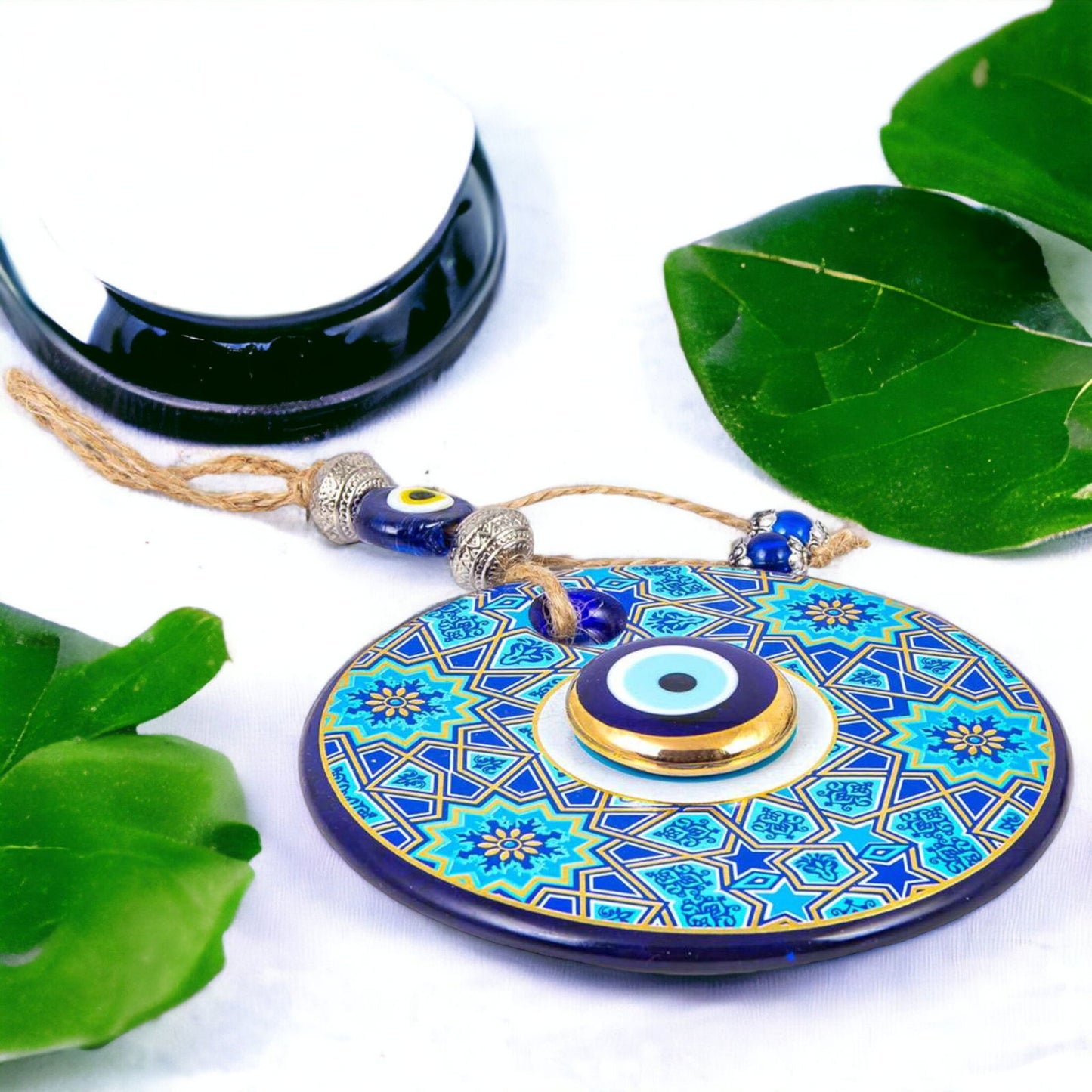 Blue and gold star evil-eye wall hanging with round Nazar eye charm and hanging beads