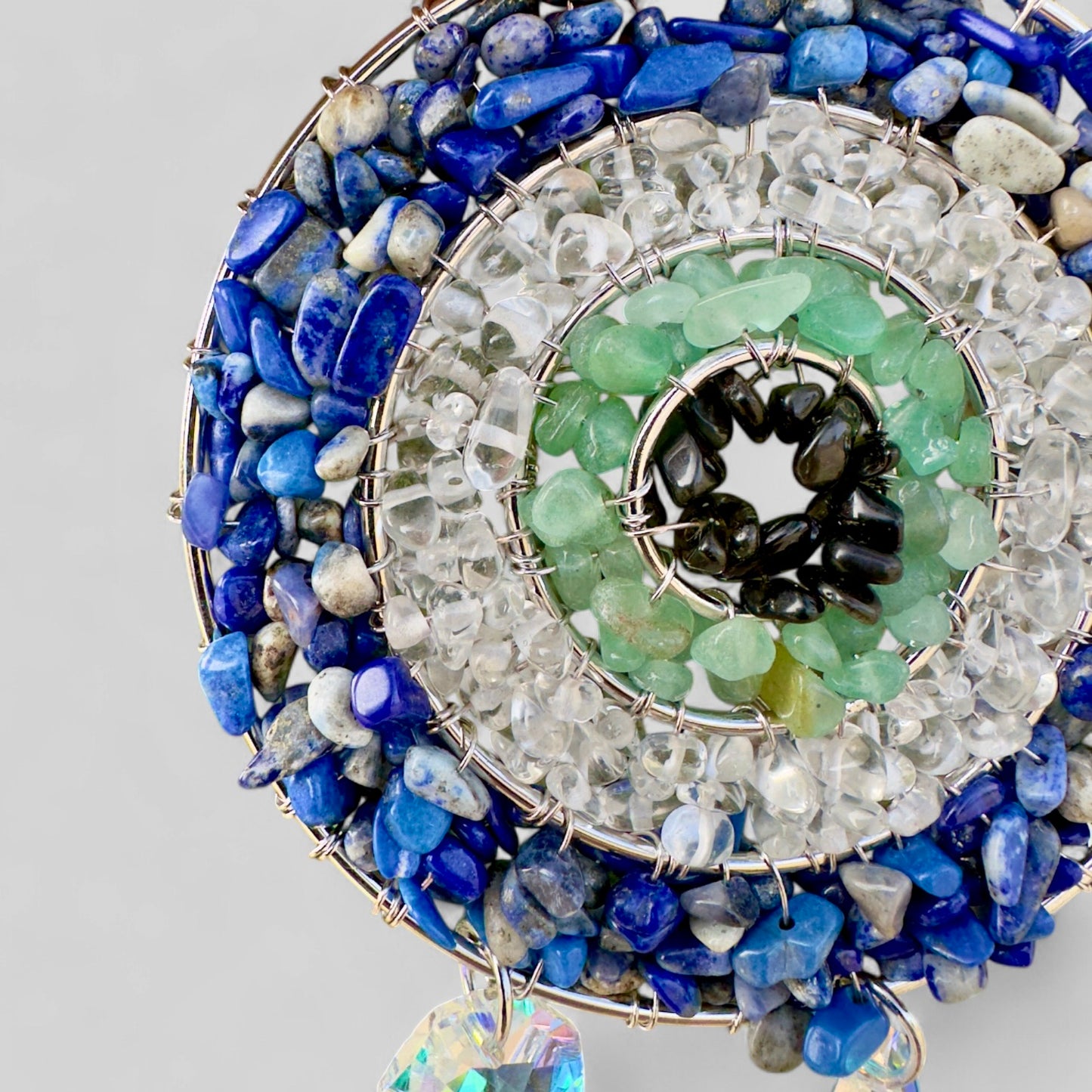 Handmade Evil Eye Nazar Boncuk Pendant with Hanging Prism Crystals for Rearview Mirror Hanging or Wall Hanging Lapis Lazuli, Crystal, Apatite