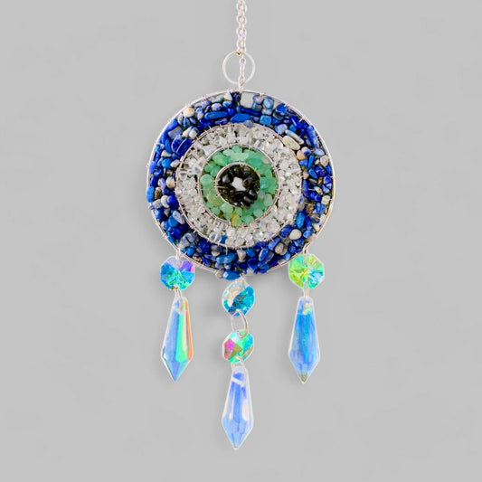 Handmade Evil Eye Nazar Boncuk Pendant with Hanging Prism Crystals for Rearview Mirror Hanging or Wall Hanging Lapis Lazuli, Crystal, Apatite