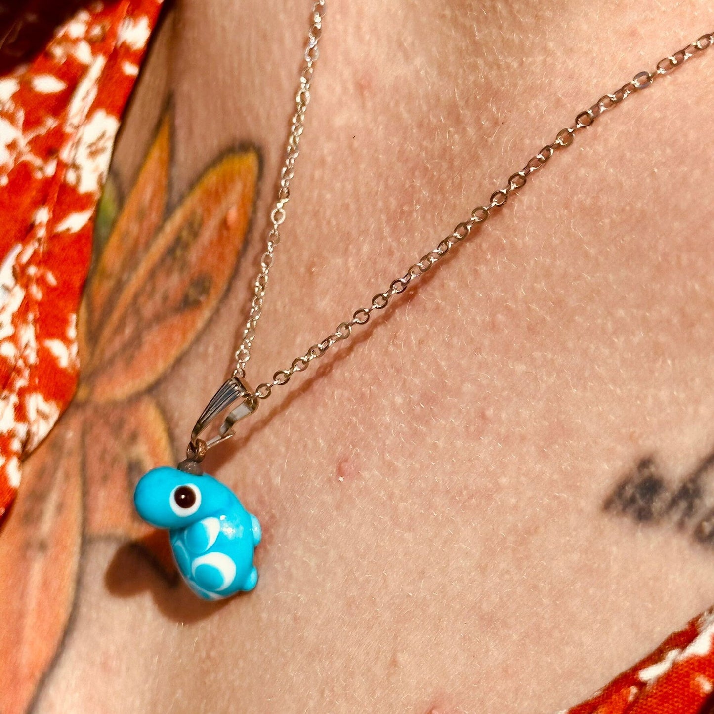 Handblown glass turtle pendant necklace with stainless chain, turquoise turtle charm
