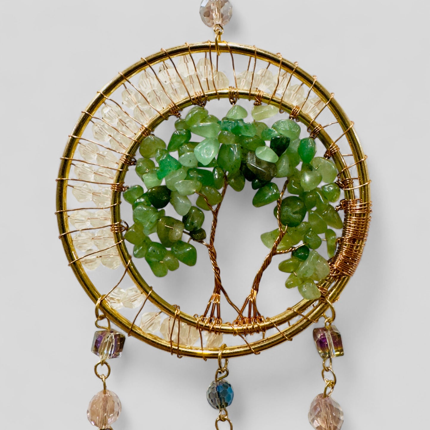 Gold Metal Dual Ring Dreamcatcher with 2 Trees of Life Aventurine Stones & Hanging Jewel Charms  -- Rearview Mirror Hanging or Wall Hanging