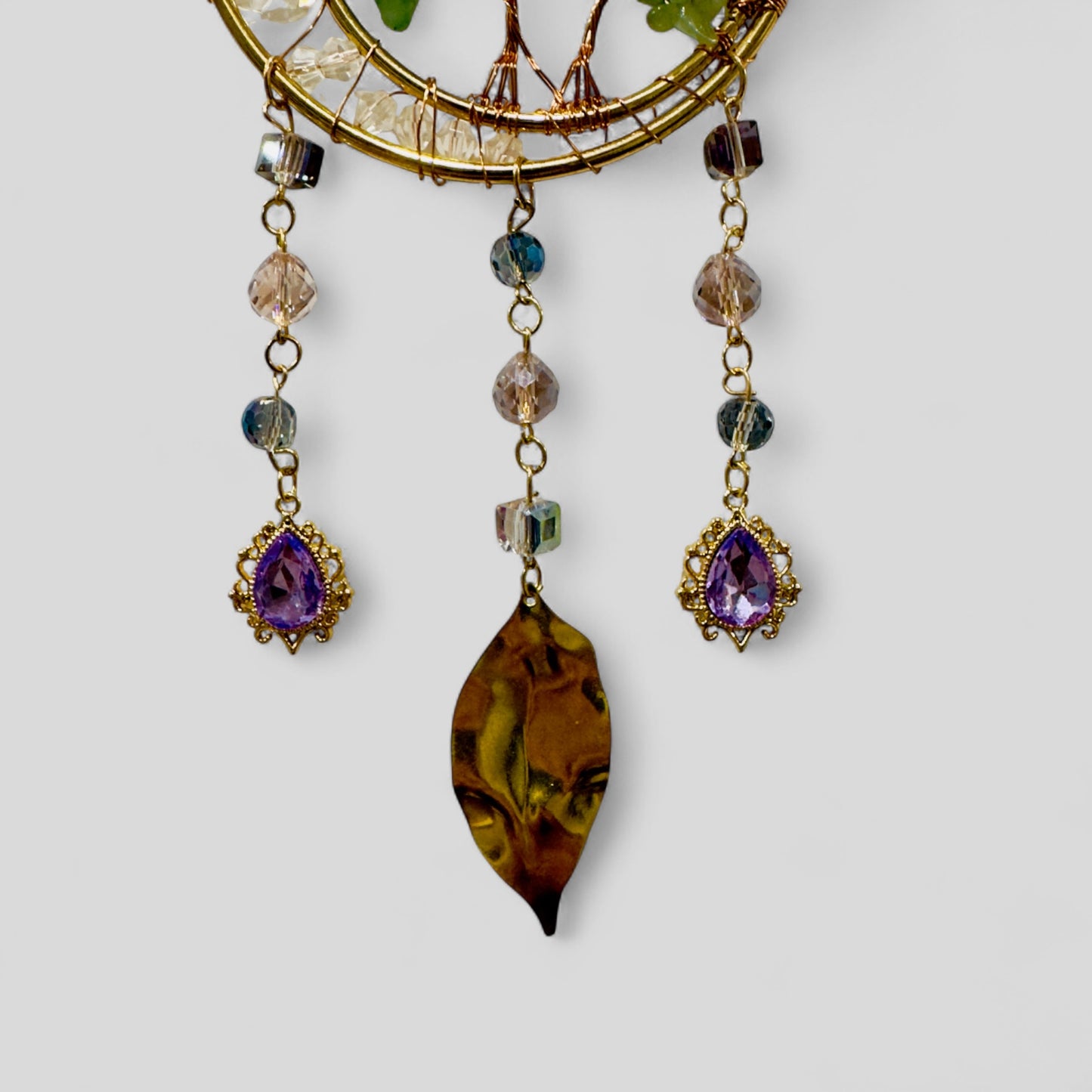 Gold Metal Dual Ring Dreamcatcher with 2 Trees of Life Aventurine Stones & Hanging Jewel Charms  -- Rearview Mirror Hanging or Wall Hanging