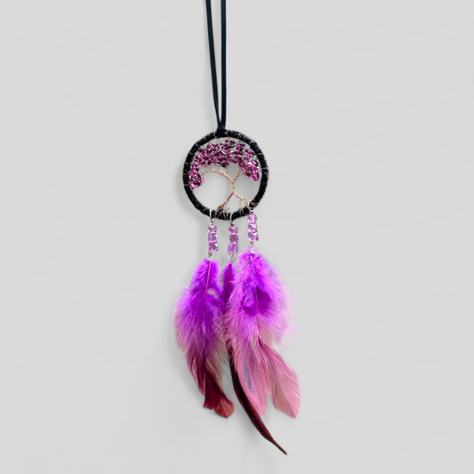 Handmade Dark Purple Gradient Tree of Life Dreamcatcher with Purple Feathers -- Rearview Mirror Hanging or Wall Hanging