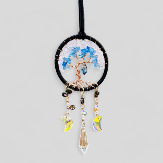 Handmade Tree of Life Dreamcatcher with Crystal Moons - Rearview Mirror Suncatcher Hanging or Wall Hanging