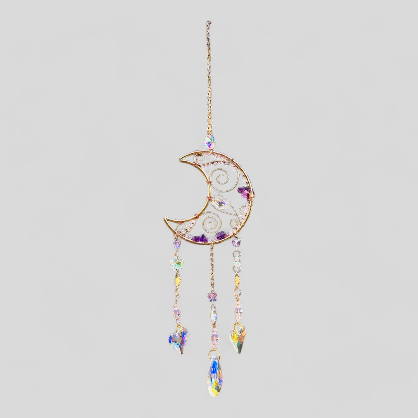 Gold Metal Crescent Moon Dreamcatcher Suncatcher with Swirls & Hanging Butterfly and Heart Jewel Charms -- Window Hanging or Wall Hanging