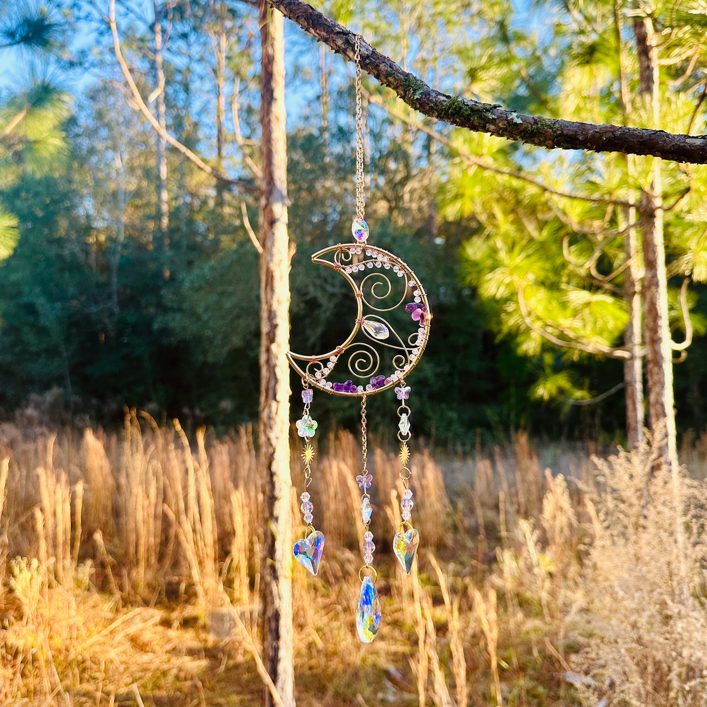 Gold Metal Crescent Moon Dreamcatcher Suncatcher with Swirls & Hanging Butterfly and Heart Jewel Charms -- Window Hanging or Wall Hanging