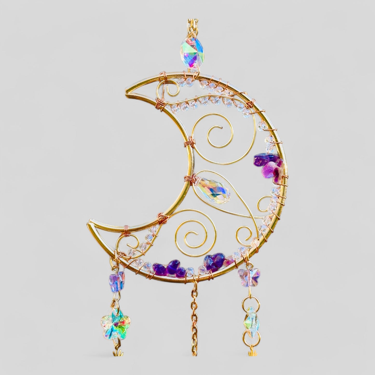 Gold Metal Crescent Moon Dreamcatcher Suncatcher with Swirls & Hanging Butterfly and Heart Jewel Charms -- Window Hanging or Wall Hanging