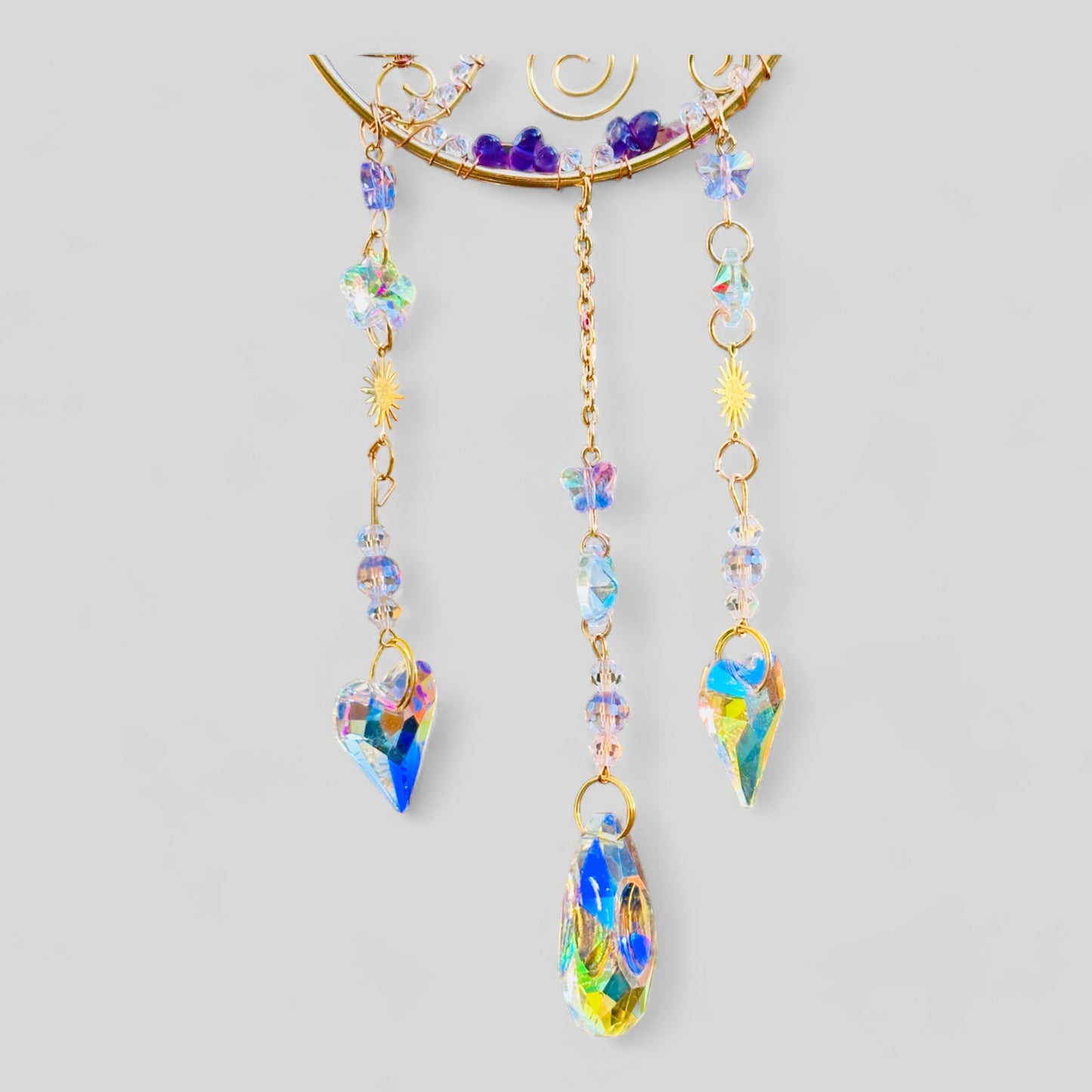 Gold Metal Crescent Moon Dreamcatcher Suncatcher with Swirls & Hanging Butterfly and Heart Jewel Charms -- Window Hanging or Wall Hanging