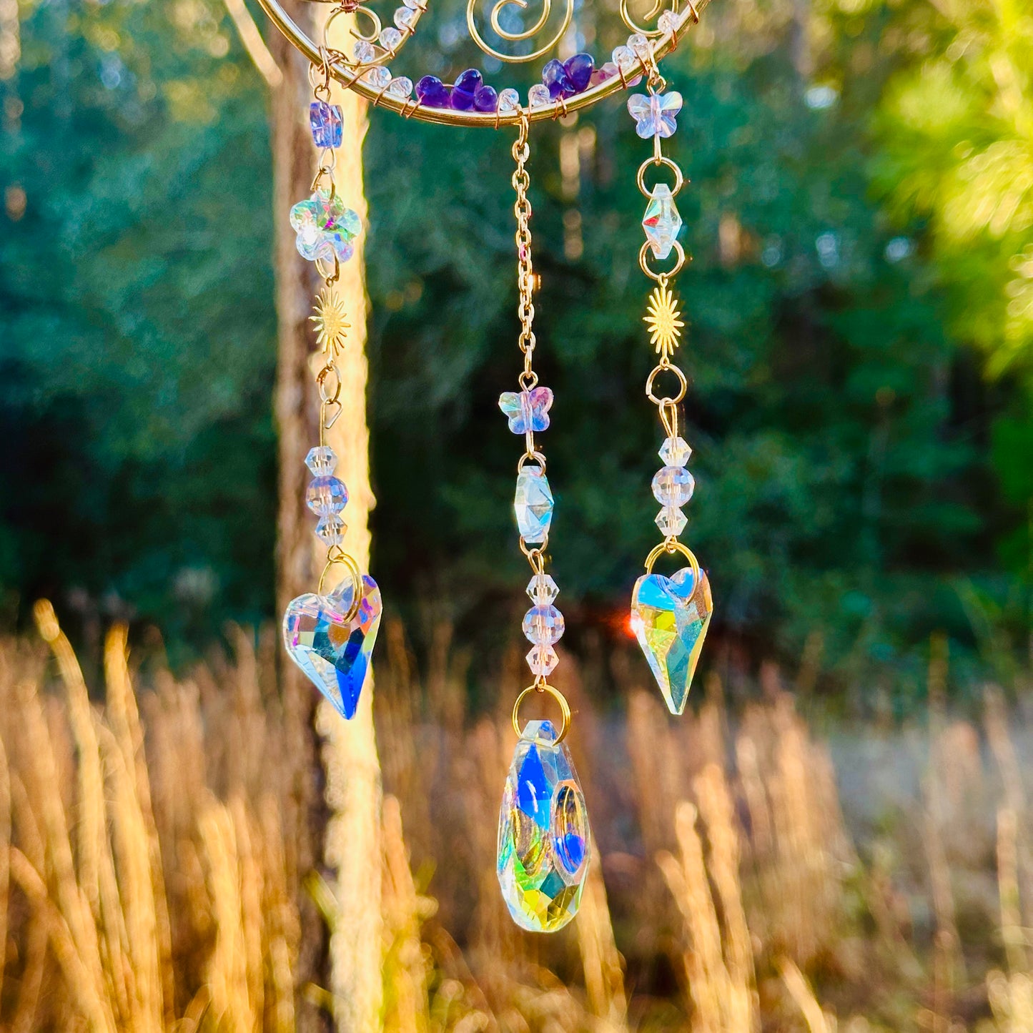 Gold Metal Crescent Moon Dreamcatcher Suncatcher with Swirls & Hanging Butterfly and Heart Jewel Charms -- Window Hanging or Wall Hanging