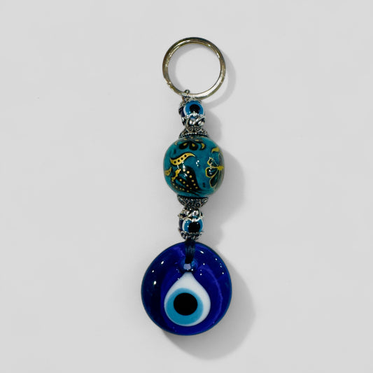 Evil Eye Nazar Boncuk Mal De Ojo Porte-clés avec boule en céramique peinte à la main - Tulipe florale verte et dorée
