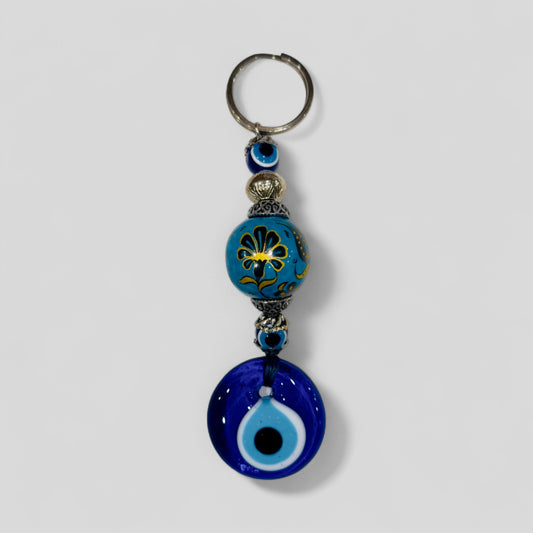 Evil Eye Nazar Boncuk Mal De Ojo Porte-clés avec boule en céramique peinte à la main - Tulipe florale blanche et rouge