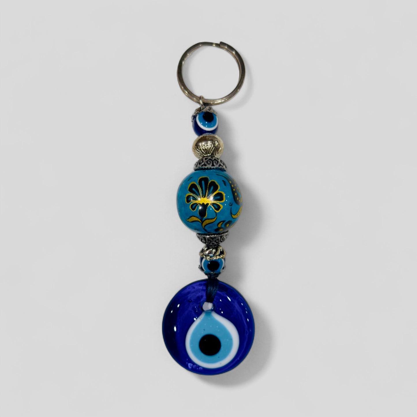 Evil Eye Nazar Boncuk Mal De Ojo Porte-clés avec boule en céramique peinte à la main - Tulipe florale blanche et rouge