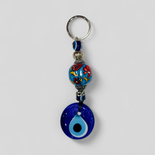 Evil Eye Nazar Boncuk Mal De Ojo Porte-clés avec boule en céramique peinte à la main - Tulipe florale bleu clair
