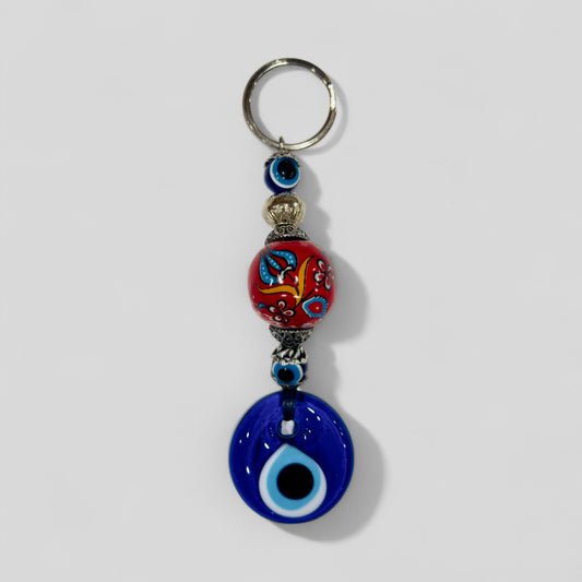 Evil Eye Nazar Boncuk Mal De Ojo Porte-clés avec boule en céramique peinte à la main - Tulipe florale rouge