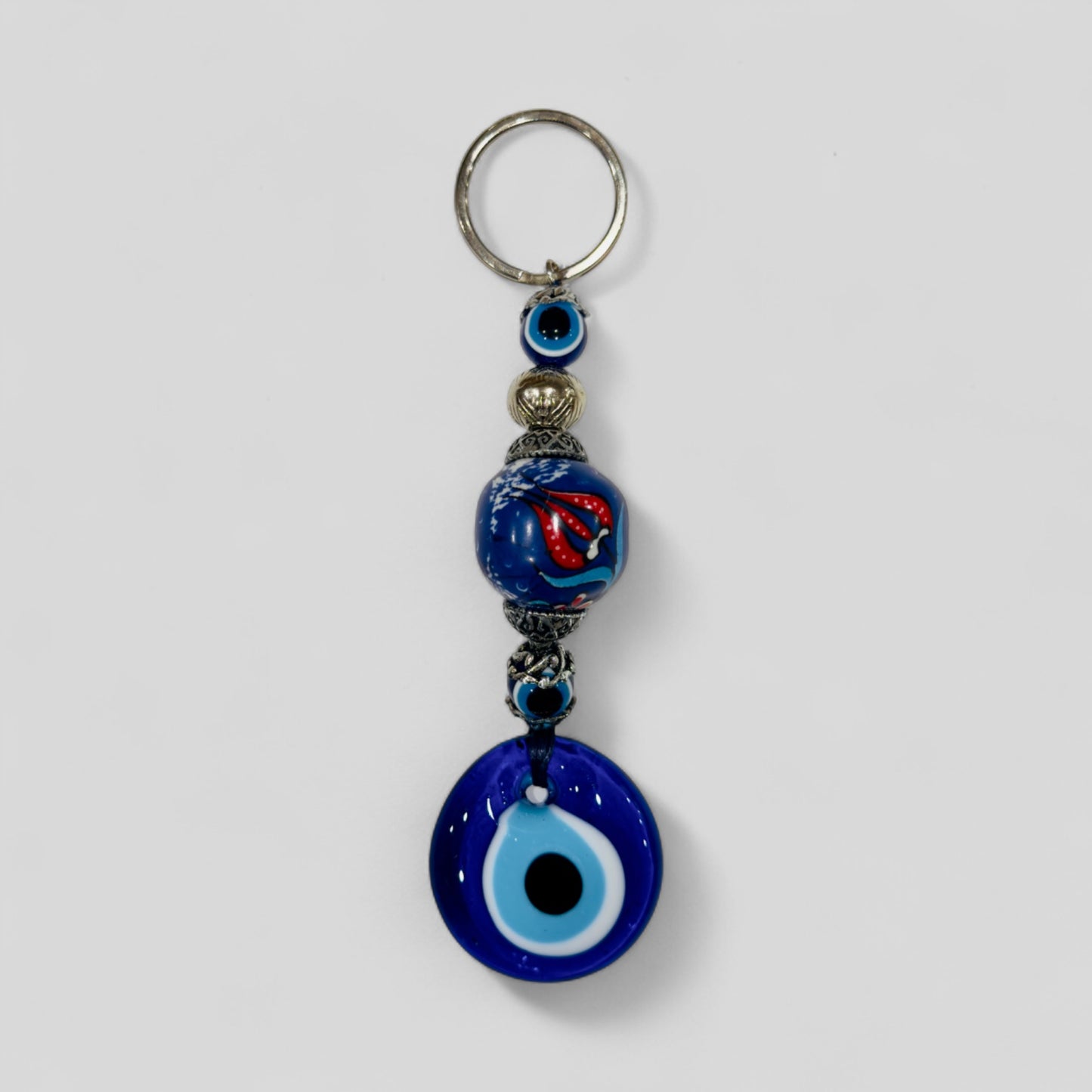 Evil Eye Nazar Boncuk Mal De Ojo Porte-clés avec boule en céramique peinte à la main - Tulipe florale bleue