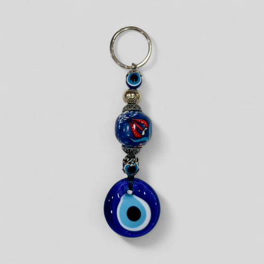 Evil Eye Nazar Boncuk Mal De Ojo Porte-clés avec boule en céramique peinte à la main - Tulipe florale bleue