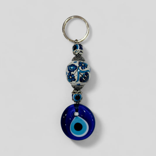 Evil Eye Nazar Boncuk Mal De Ojo Keychain with Hand Painted Ceramic Ball - White and Blue Floral Tulip