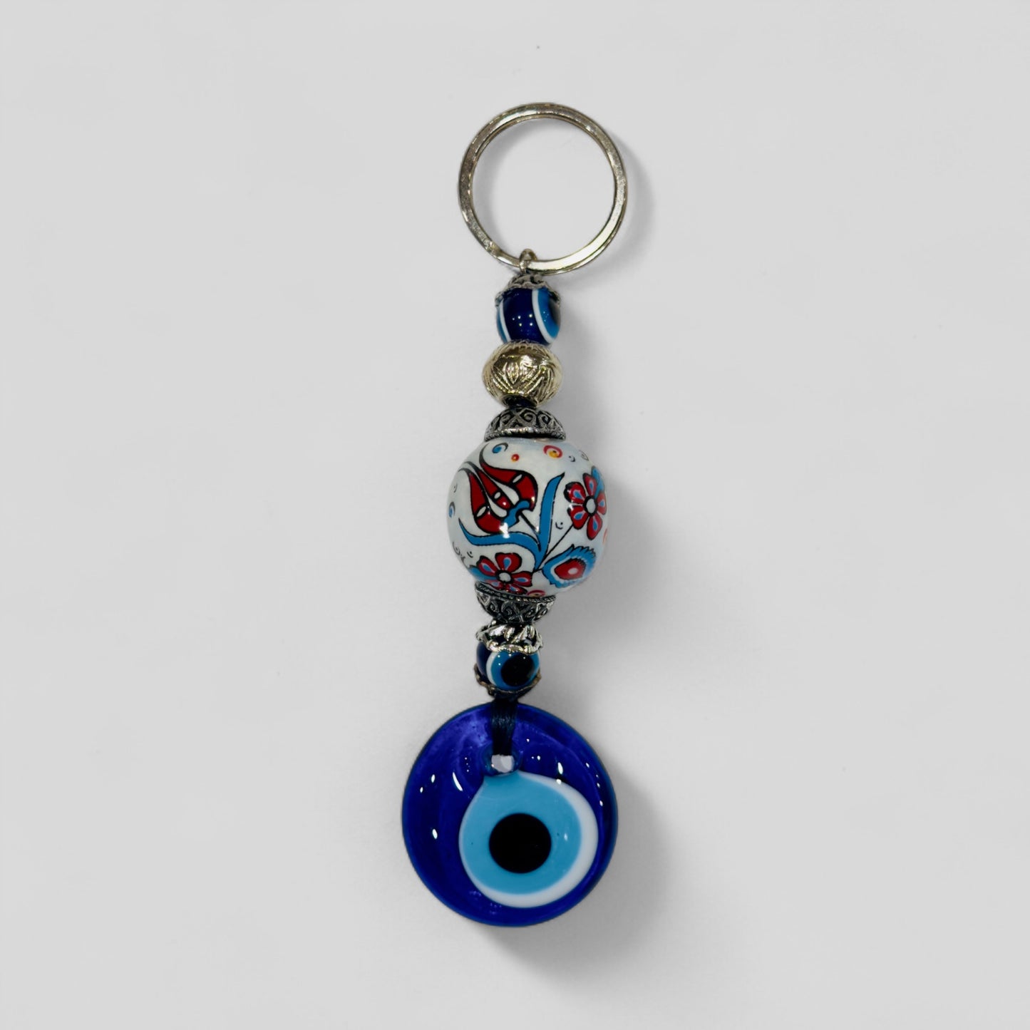 Evil Eye Nazar Boncuk Mal De Ojo Porte-clés avec boule en céramique peinte à la main - Tulipe florale blanche et rouge
