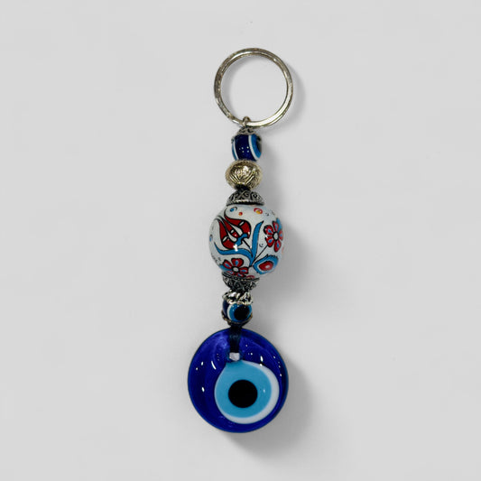 Evil Eye Nazar Boncuk Mal De Ojo Porte-clés avec boule en céramique peinte à la main - Tulipe florale blanche et rouge