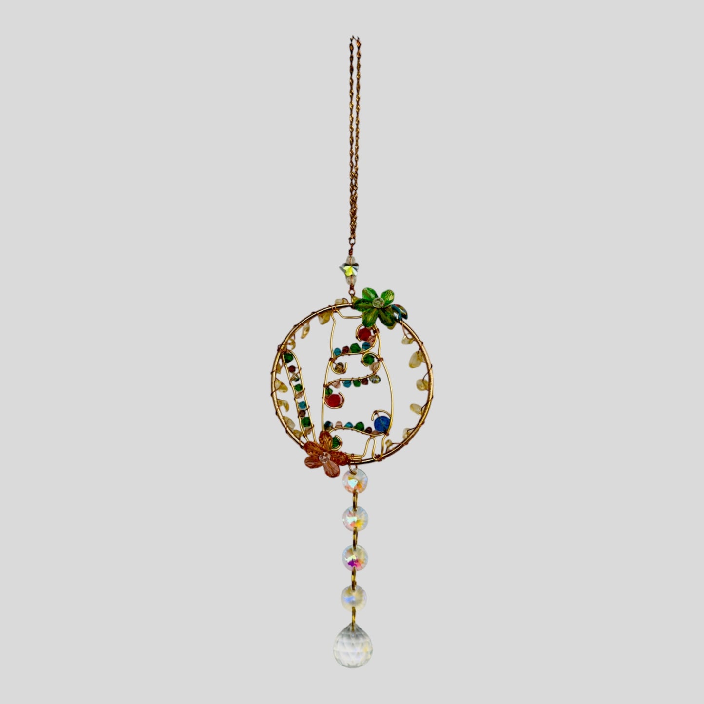 Gold Metal Cat Suncatcher with Colorful Beads and Shimmering Crystals -- Window Hanging or Wall Hanging