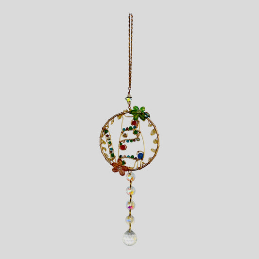 Gold Metal Cat Suncatcher with Colorful Beads and Shimmering Crystals  -- Window Hanging or Wall Hanging