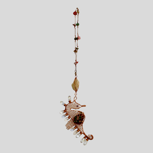 Copper Metal Seahorse Suncatcher with Natural Stone Chain and Shimmering Crystals  -- Window Hanging or Wall Hanging